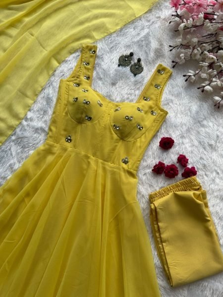 Authentic Yellow Party Wear Faux Georgette Corset Anarkali with Huge Flair Ready To Wear Collection