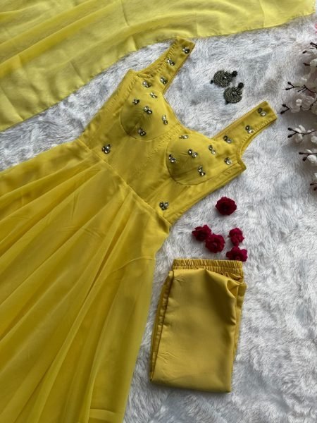 Authentic Yellow Party Wear Faux Georgette Corset Anarkali with Huge Flair Ready To Wear Collection