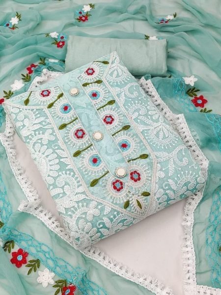 Azure Grace Sky Blue Unstitched Chanderi Suit with Fine Embroidery & Naznin Dupatta Dress Material 
