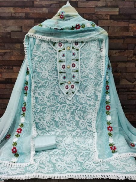 Azure Grace Sky Blue Unstitched Chanderi Suit with Fine Embroidery & Naznin Dupatta Color Set Matching Dress Material Wholesale