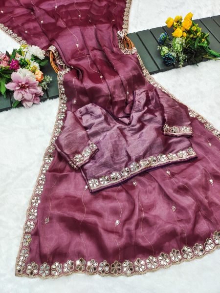 Baby Pink Burberry Silk Saree with Mirror Highlights & Graceful Cutwork Perfect for Party Style Embroidery Sarees Wholesale