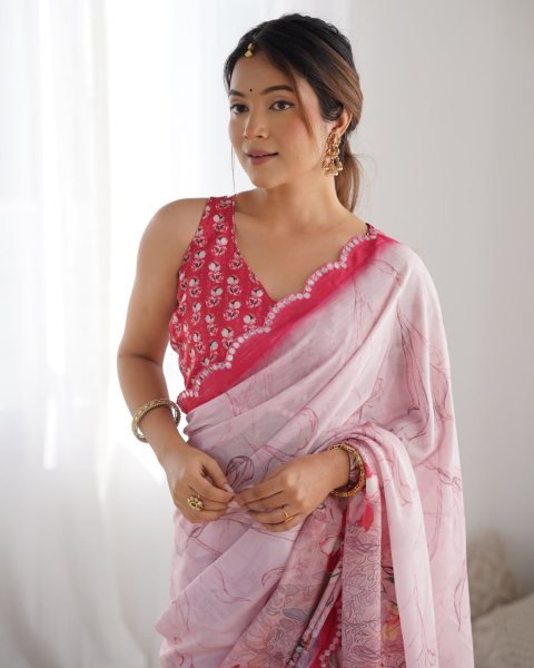 Baby Pink Chinon Saree with Pure Kutchi Mirror Work Lace Special Occasion Wear from Top Surat Supplier Designer Wedding Sarees Wholesale