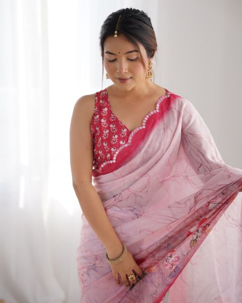 Baby Pink Chinon Saree with Pure Kutchi Mirror Work Lace Special Occasion Wear from Top Surat Supplier Designer Wedding Sarees Wholesale