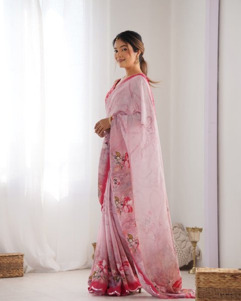 Baby Pink Chinon Saree with Pure Kutchi Mirror Work Lace Special Occasion Wear from Top Surat Supplier Designer Wedding Sarees Wholesale