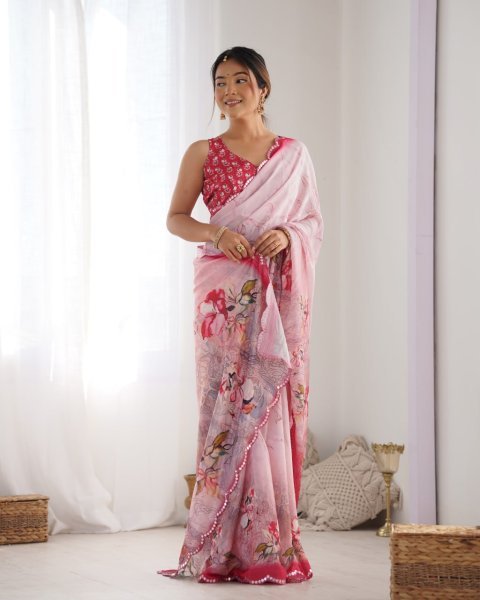 Baby Pink Chinon Saree with Pure Kutchi Mirror Work Lace Special Occasion Wear from Top Surat Supplier Designer Wedding Sarees Wholesale