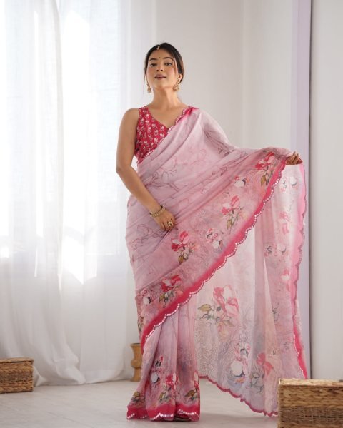 Baby Pink Chinon Saree with Pure Kutchi Mirror Work Lace Special Occasion Wear from Top Surat Supplier Designer Wedding Sarees Wholesale