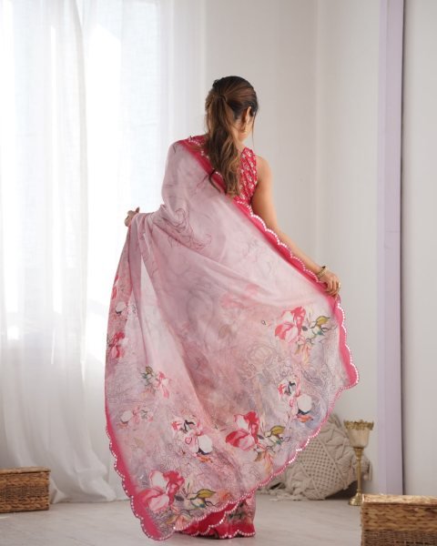 Baby Pink Chinon Saree with Pure Kutchi Mirror Work Lace Special Occasion Wear from Top Surat Supplier Designer Wedding Sarees Wholesale