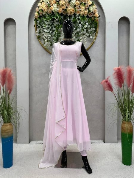 Baby Pink Color Faux Georgette 3pc Set  3 Piece Kurti Set