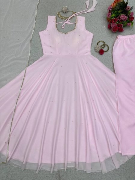 Baby Pink Color Faux Georgette 3pc Set  3 Piece Kurti Set