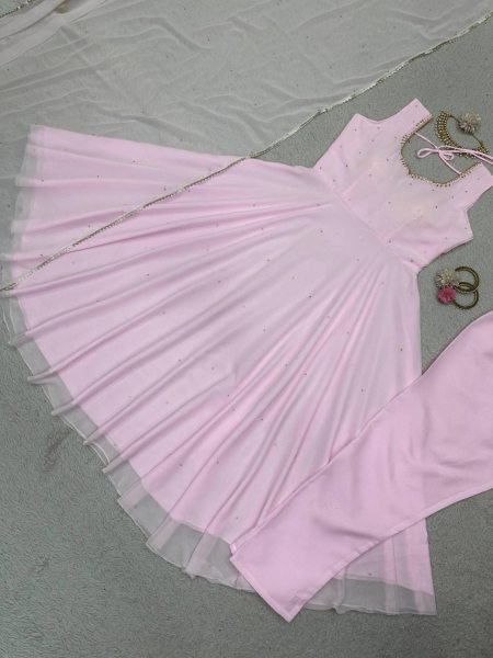 Baby Pink Color Faux Georgette 3pc Set  3 Piece Kurti Set