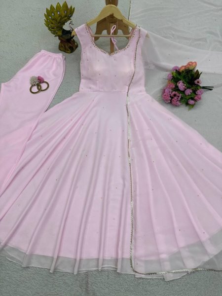 Baby Pink Color Faux Georgette 3pc Set  3 Piece Kurti Set
