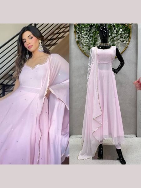 Baby Pink Color Faux Georgette 3pc Set  3 Piece Kurti Set