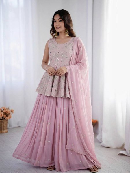 Baby Pink Designer Faux Georgette Silk Crop Top Lehenga Set with Embroidered Dupatta Ready To Wear Suit