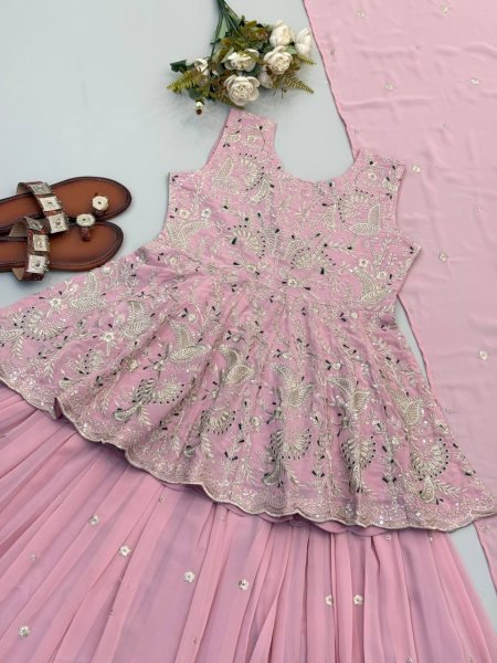 Baby Pink Designer Faux Georgette Silk Crop Top Lehenga Set with Embroidered Dupatta Ready To Wear Collection