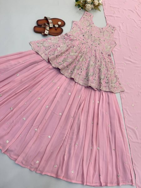 Baby Pink Designer Faux Georgette Silk Crop Top Lehenga Set with Embroidered Dupatta Ready To Wear Collection