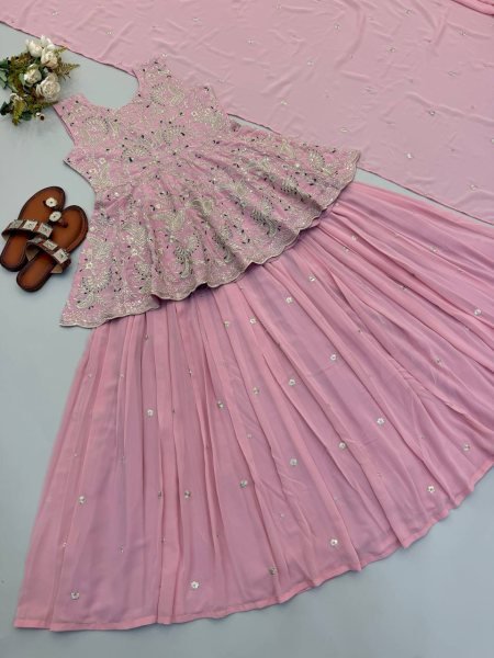 Baby Pink Designer Faux Georgette Silk Crop Top Lehenga Set with Embroidered Dupatta Ready To Wear Collection