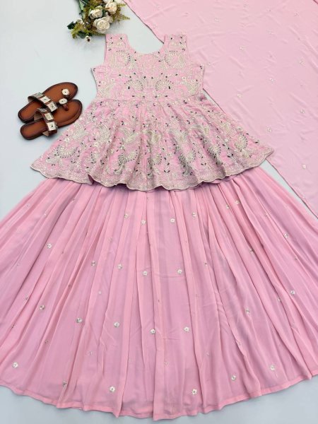 Baby Pink Designer Faux Georgette Silk Crop Top Lehenga Set with Embroidered Dupatta Ready To Wear Collection