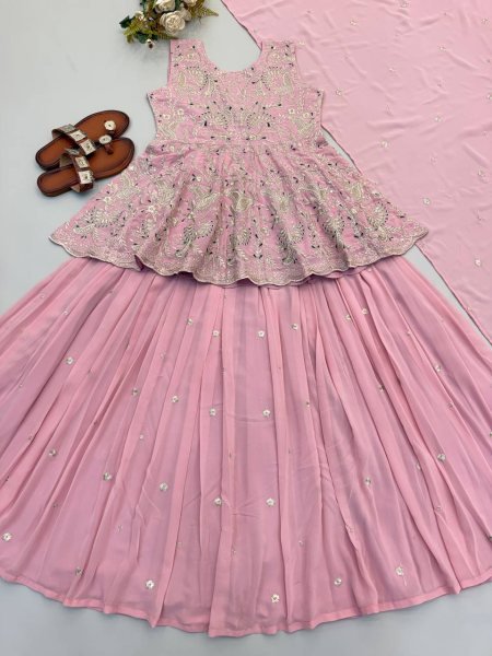 Baby Pink Designer Faux Georgette Silk Crop Top Lehenga Set with Embroidered Dupatta Ready To Wear Collection