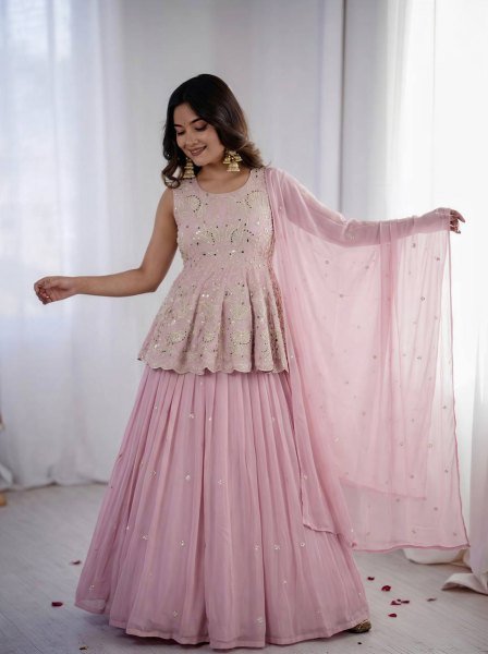 Baby Pink Designer Faux Georgette Silk Crop Top Lehenga Set with Embroidered Dupatta Ready To Wear Collection
