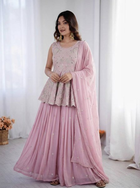 Baby Pink Designer Faux Georgette Silk Crop Top Lehenga Set with Embroidered Dupatta Ready To Wear Collection