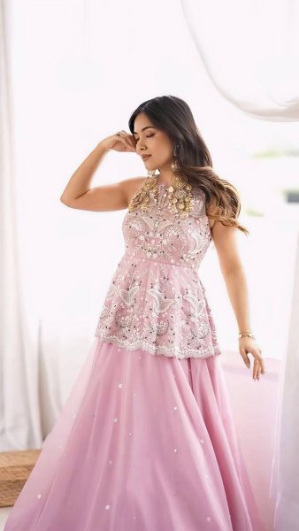 Baby Pink Designer Faux Georgette Silk Crop Top Lehenga Set with Embroidered Dupatta Ready To Wear Collection