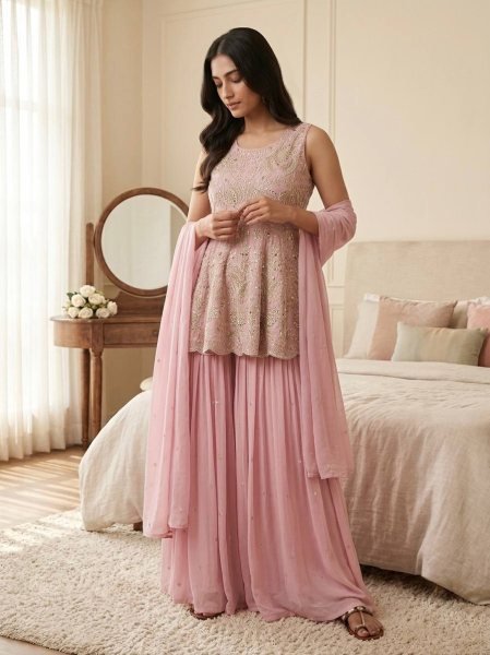 Baby Pink Designer Faux Georgette Silk Crop Top Lehenga Set with Embroidered Dupatta Ready To Wear Collection