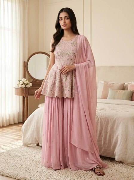 Baby Pink Designer Faux Georgette Silk Crop Top Lehenga Set with Embroidered Dupatta Ready To Wear Collection