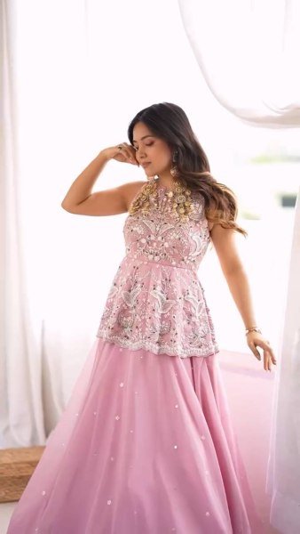 Baby Pink Designer Faux Georgette Silk Crop Top Lehenga Set with Embroidered Dupatta Ready To Wear Collection