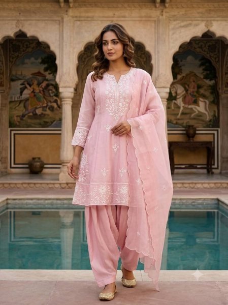 Baby Pink Designer H O Silk Top Salwar Suit with Front and Back Sequins Embroidery at Wholesale Rate Ready To Wear Collection