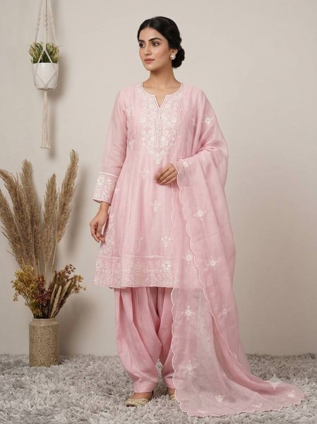 Baby Pink Designer H O Silk Top Salwar Suit with Front and Back Sequins Embroidery at Wholesale Rate Ready To Wear Collection