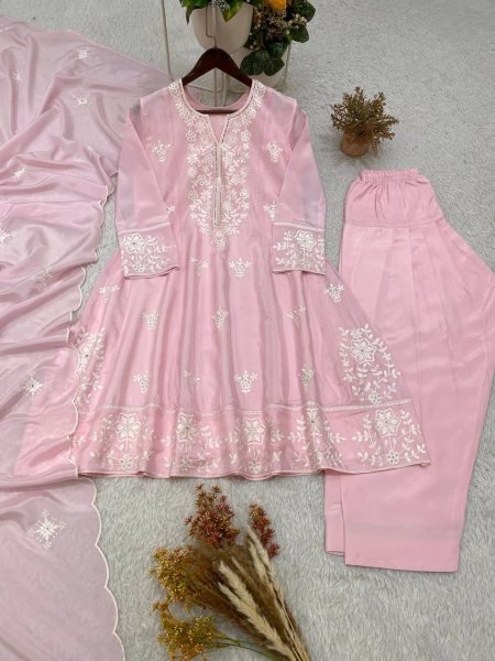 Baby Pink Designer H O Silk Top Salwar Suit with Front and Back Sequins Embroidery at Wholesale Rate Ready To Wear Collection