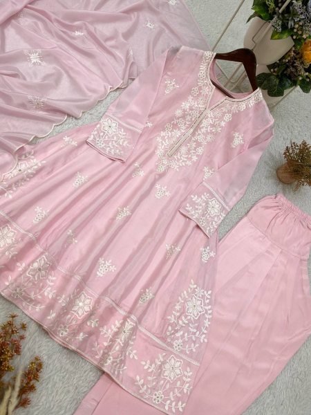 Baby Pink Designer H O Silk Top Salwar Suit with Front and Back Sequins Embroidery at Wholesale Rate Ready To Wear Collection