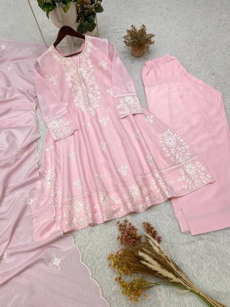 Baby Pink Designer H O Silk Top Salwar Suit with Front and Back Sequins Embroidery at Wholesale Rate Ready To Wear Collection