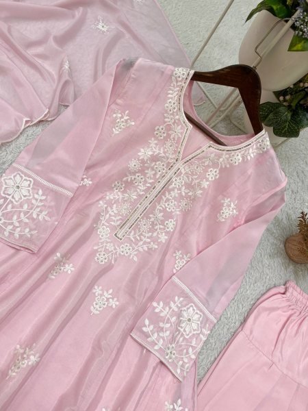 Baby Pink Designer H O Silk Top Salwar Suit with Front and Back Sequins Embroidery at Wholesale Rate Ready To Wear Collection
