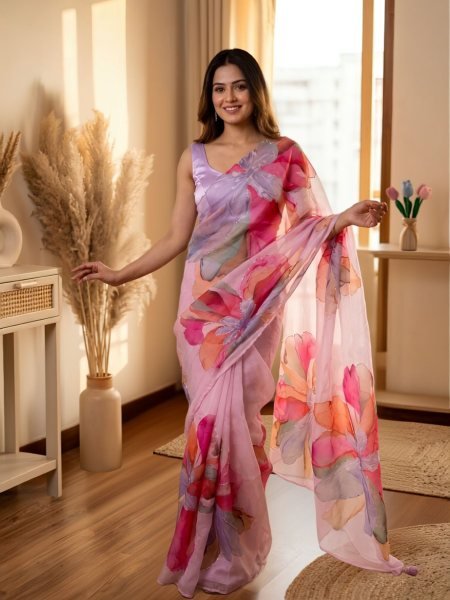 Baby Pink Designer Soft Tebby Silk Floral Print Saree with Plain Satin Blouse For Party Wear 