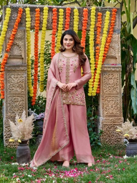 Baby Pink Fendy Satin Salwar Suit with Bits Work Embroidered Kurti and Matching Palazzo 