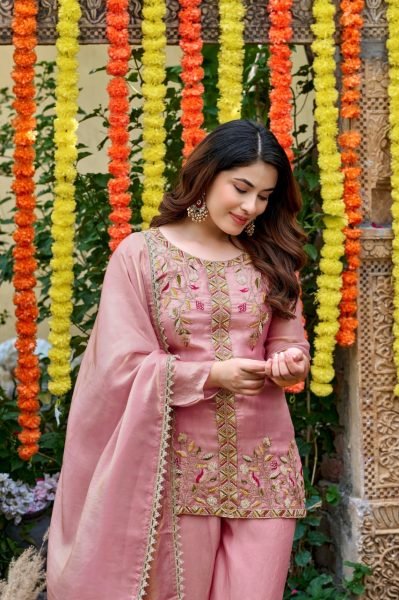 Baby Pink Fendy Satin Salwar Suit with Bits Work Embroidered Kurti and Matching Palazzo Embroidery Kurtis 