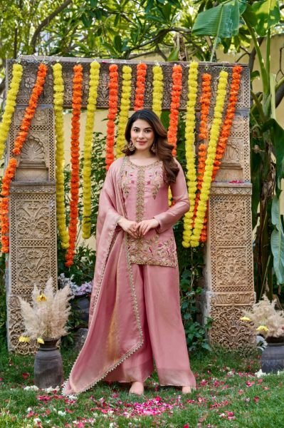 Baby Pink Fendy Satin Salwar Suit with Bits Work Embroidered Kurti and Matching Palazzo Embroidery Kurtis 