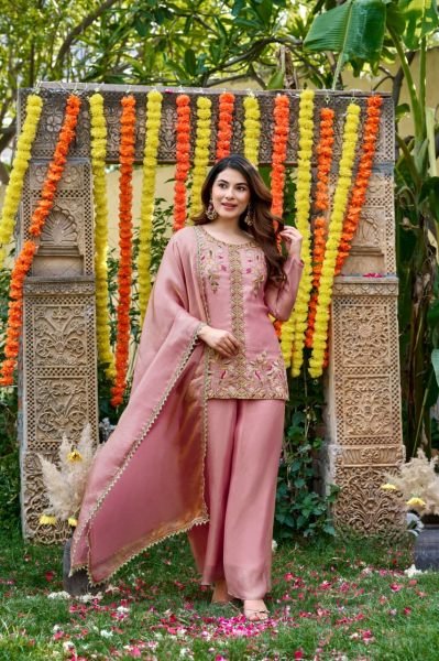 Baby Pink Fendy Satin Salwar Suit with Bits Work Embroidered Kurti and Matching Palazzo Embroidery Kurtis 