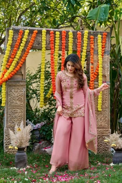 Baby Pink Fendy Satin Salwar Suit with Bits Work Embroidered Kurti and Matching Palazzo Embroidery Kurtis 
