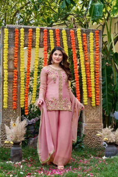 Baby Pink Fendy Satin Salwar Suit with Bits Work Embroidered Kurti and Matching Palazzo Embroidery Kurtis 