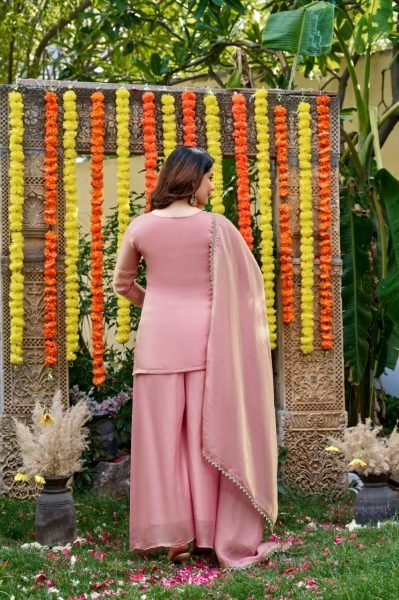 Baby Pink Fendy Satin Salwar Suit with Bits Work Embroidered Kurti and Matching Palazzo Embroidery Kurtis 