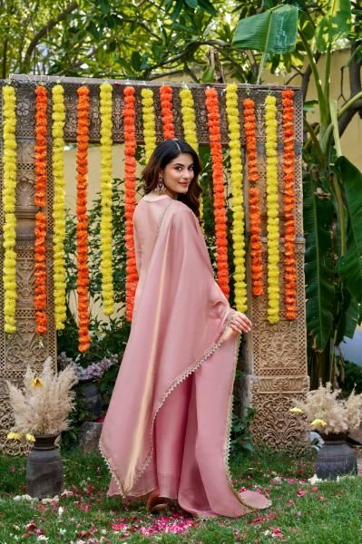 Baby Pink Fendy Satin Salwar Suit with Bits Work Embroidered Kurti and Matching Palazzo Embroidery Kurtis 