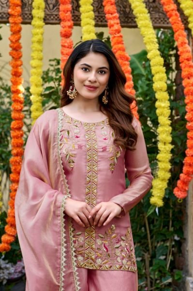 Baby Pink Fendy Satin Salwar Suit with Bits Work Embroidered Kurti and Matching Palazzo Embroidery Kurtis 
