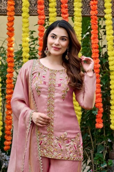 Baby Pink Fendy Satin Salwar Suit with Bits Work Embroidered Kurti and Matching Palazzo Embroidery Kurtis 