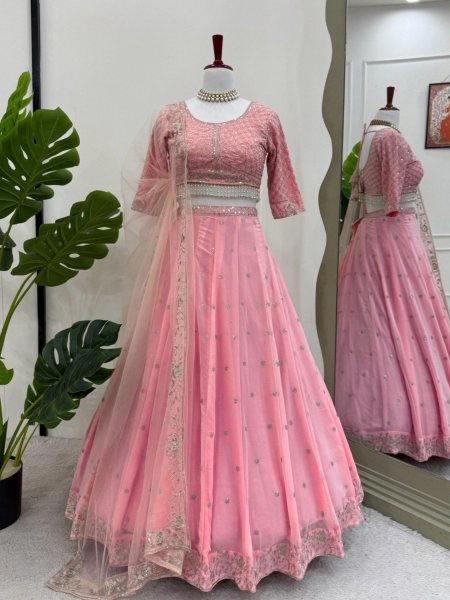 Baby Pink Fox Georgette Designer Lehenga Choli Set with Sequin Work   Butterfly Net Dupatta Wholesale Price  Lehenga