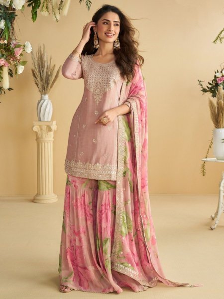 Baby Pink Heavy Chinon Party Wear Kurti Palazzo Dupatta Set with Embroidered Top Salwar Kameez