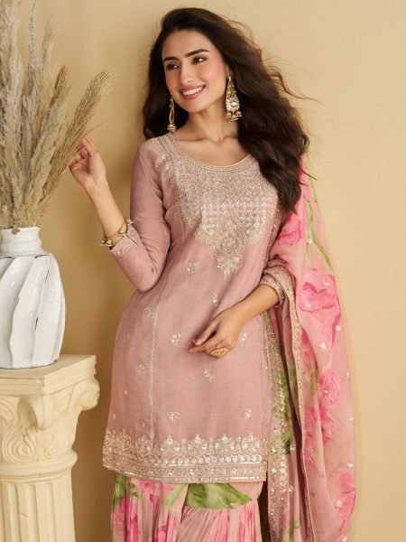 Baby Pink Heavy Chinon Party Wear Kurti Palazzo Dupatta Set with Embroidered Top Designer Plazzo Salwar Suits Wholesale