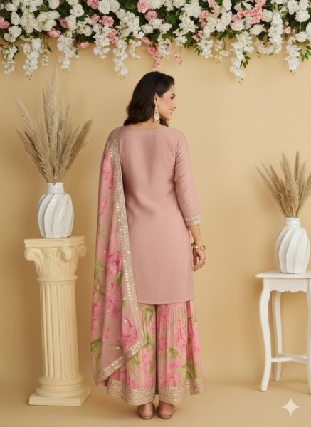 Baby Pink Heavy Chinon Party Wear Kurti Palazzo Dupatta Set with Embroidered Top Designer Plazzo Salwar Suits Wholesale