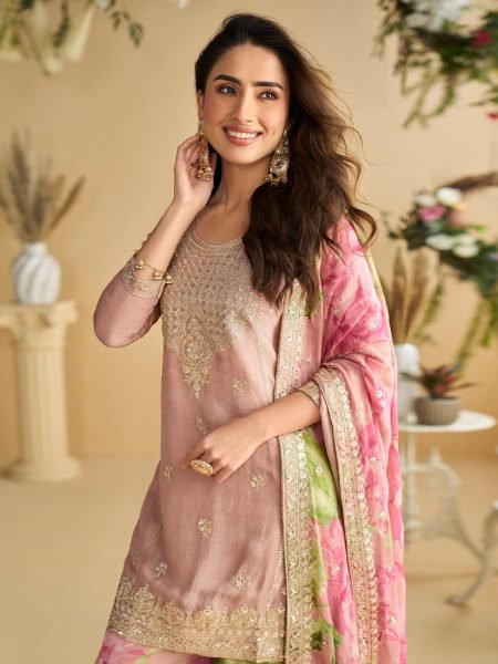Baby Pink Heavy Chinon Party Wear Kurti Palazzo Dupatta Set with Embroidered Top Designer Plazzo Salwar Suits Wholesale